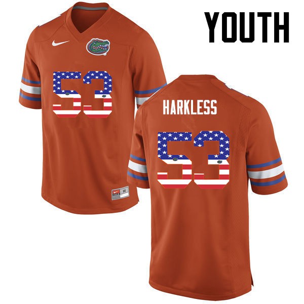 Florida Gators Youth #53 Kavaris Harkless College Football USA Flag Fashion Orange